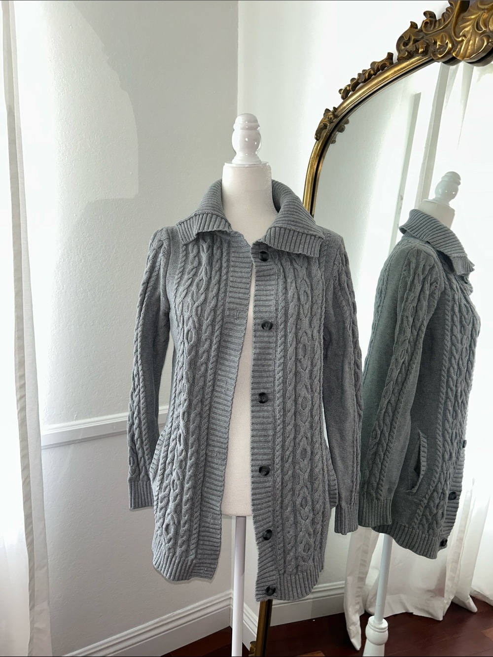Gray L.L Bean Cable Knit Button Down Cardigan Sweater